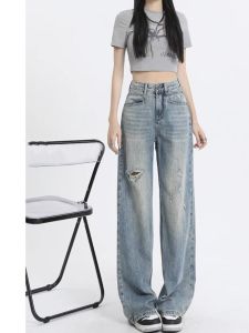 WANGGONGZHU | Retro Distressed Wide Leg Jeans Womens Spring Autumn Thin New Design Loose Straight Casual Pants High Waist Long Trousers