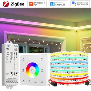 ไฟ LED Strip Tuya Zigbee COB RGBIC 10 ม. 20 ม. 24V ควบคุม IC สำหรับงานปาร์ตี้ ตกแต่งห้องเกม พร้อมรีโมทสัมผัส 2.4G สำหรับ Alexa Google Home
