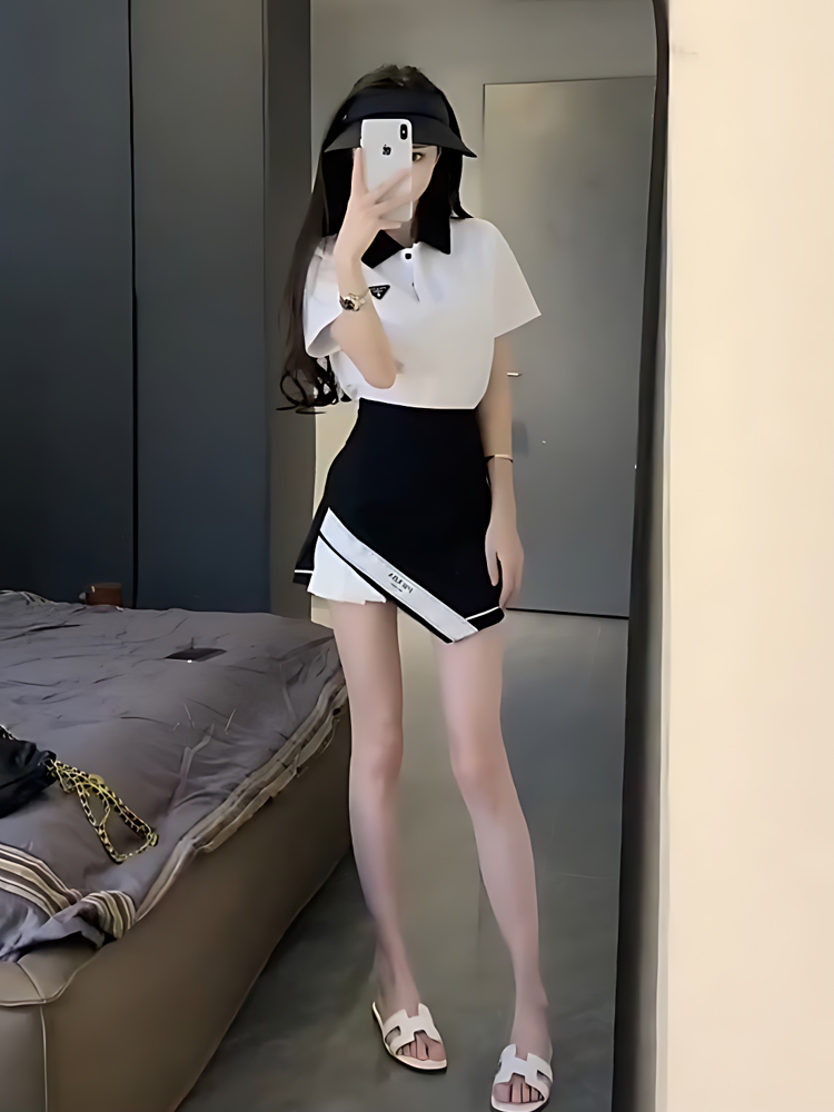 Sweet Anti-Aging Golf Set Polo Collar Short Sleeve Top plus Asymmetrical Skirt for Women Summer New Arrival Fashion Set