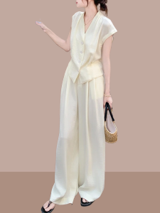 Shalldoer | Elegant Casual Womens Summer Outfit Set V-neck Sleeveless Shirt Straight Leg Pants Two-piece Ensemble Fashionable Commute Wear