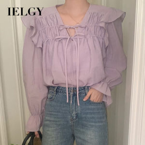 IELGY New Womens Horn Sleeve Ruffled Lace-up Purple Shirt Top