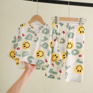 Summer Childrens Sleepwear Cotton Silk Thin Long Sleeve Home Clothes Set for Boys And Girls Cartoon Design Moisture Wicking