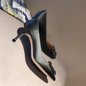 M Flat Bottom B Rhinestone Shoes Women Pointed Satin Wedding Shoes Thin Heeled Shallow Mouth Comfortable Semi-high Heeled Pumps All-Match Flat Heel Square Buckle