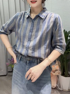 QINGNAER | Large Size Vintage Striped Half Sleeve Shirt
