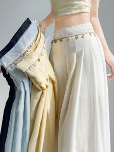 Quần Ống Rộng Bằng Vải Lanh Lụa Mùa Hè Mỏng Bằng Vải Lanh Cotton Ice Silk Cạp Cao Rộng Rãi Thoải Mái Dài Đến Mắt Cá Chân