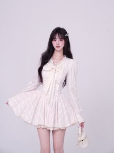 French Sweet Lace Butterfly Knot Long Sleeve Waist Cinched Pink Fluffy Dress Korean Style High Waist Cotton Gauze Skirt Dress
