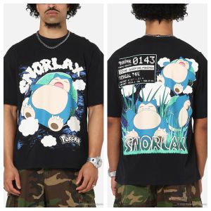 Bandai | Anime Pokémon Snorlax Printed Cotton T-shirt Summer Mens and Womens Harajuku Clothing Fashion Casual Street Tshirt Fan Gifts