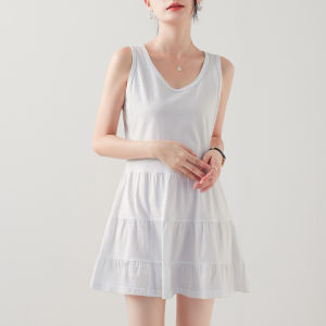 White Mid-Length Sleeveless Hoodie Vest Dress Base Layer Inner Wear A-Line Skirt Cover-Up Bottoms Womens Fashion Clothing