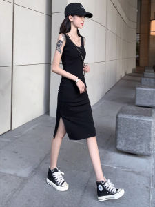 สไตล์เกาหลี คอกลม สีดำ แยก แขนกุด เดรส ผู้หญิง ฤดูร้อน ฐาน เสื้อกล้าม เดรส สวมใส่ด้านใน Little สีดำ เดรส ลำลอง แม็กซี่เดรส