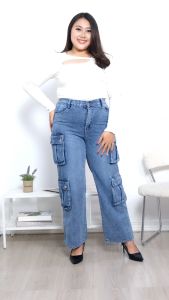 Celana Jeans Cargo Wanita Terbaru Kantong Kancing Besar Jumbo
