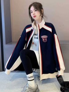 Laid-back Loose Womens Jacket Color Block Mid-length Baseball Sweater Cardigan Spring Autumn New Korean Style Commute