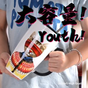 Cute Cat Large Creative Cup with Lid Spoon Straw