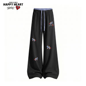 CHARLES JANGS HAPPY HEART | American Style Brand Small Horse Pattern Ice Silk Loose Straight Leg Trousers