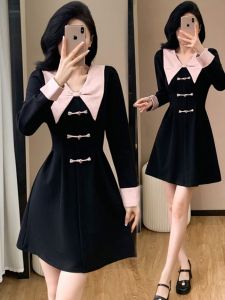 Sweet Retro Button-Up Slimming Black Dress Womens Spring New Style Ladylike A-Line Skirt Long Sleeve Short Dress