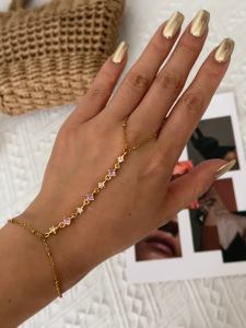 Stainless Steel Gold Tone Hand Chain Bracelet with Ring Flower Leaf Sun Shape Cubic Zirconia Hand Harness Fashion Jewelry for Women