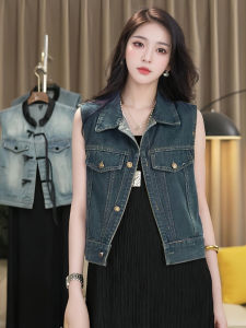 เสื้อกั๊กยีนส์แขนกุดสำหรับผู้หญิง ฤดูร้อน 2025 แฟชั่น ลำลอง ลำลอง แขนกุด คอโปโล ทรงเข้ารูป ผ้าฝ้ายผสมโพลีเอสเตอร์