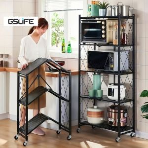 GSlife 3/4/5 Tier Foldable Metal Rack Kitchen Rack Shelves Installation-Free Folding Kitchen Storage Rack with Wheels for Living Room Bedroom Kitchen