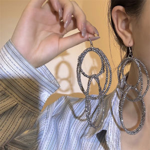 Handmade Shiny Silver Beaded Earrings Womens Fashion Exaggerated Long Hoop Tassel Luxury Feelings Elegant Geometric Pattern