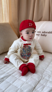 100% Cotton Baby Bodysuit Long Sleeve Spring Festival Red Outfit Crawling Suit for Infants Breathable & Safe.