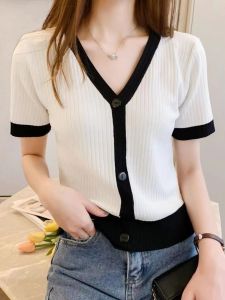 Áo Thun Tay Ngắn Mỏng Bằng Lụa Băng Mùa Hè Thiết Kế Cổ Chữ V Cho Nữ Áo Len Dệt Kim Ôm Vừa Vặn Thời Trang Thanh Lịch