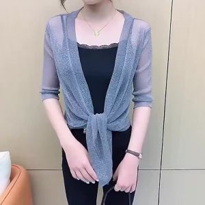 Glitter Tie Up Open Front Shrug Ladies Shawl Cropped Beach Summer Sun Protection Clothing Air-Conditioning Shirt