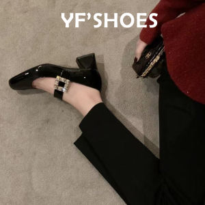 Elegant French Mary Jane Shoes with Rhinestone Buckle Thick Heel Patent Leather Fashionable High Heels for Young Women