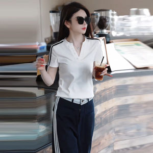 Shalldoer | ชุดสองชิ้นผู้หญิงฤดูร้อนปี 2025 เสื้อยืดคอวีแขนสั้นเอวสูงขายาวทรงตรง ชุดสองชิ้น ชุดทำงาน ชุดลำลอง ชุดทำงาน