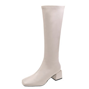 YX | Below Knee Fashionable Boots Autumn Square Toe Wide Heel Slimming Riding Boots