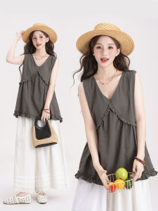 French Retro Wooden Ear Edge V-Neck Sleeveless Top Loose Slim Fit