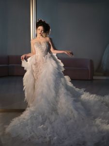 French Style Fish Tail Wedding Dress Luxury Vintage Ball Gown Midi Skirt One Shoulder Net Fabric Sweep Train for Bride
