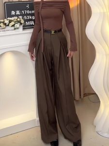 Deep Brown Wide Leg Pants Womens Autumn New High Waist Draping Floor-Length Casual Suit Pants Trendy for All Body Types