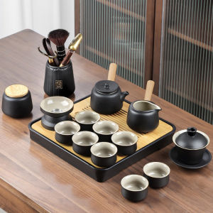 Black Pottery Japanese Style Tea Set Complete Set with Tray