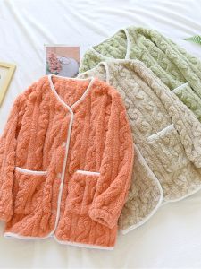 Thickened Flannel Sleepwear Womens Single Piece Loose Long Sleeve Coral Velvet Home Clothes V-neck Buttoning Pure Color