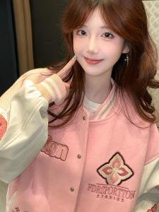 Loose Fit Baseball Jacket Pink Embroidery Color Block Outerwear Trendy Cardigan Long Sleeve round Neck Button up Coat
