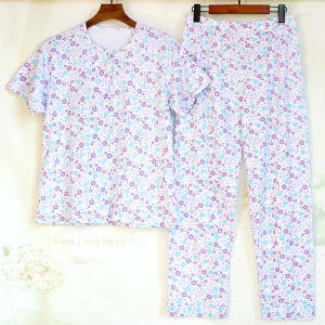 Pure Cotton Short Sleeve Sleepwear Pants Loose Fit round Neck Home Clothes plus Size Air Conditioning Suit Floral Print Design