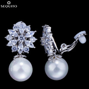 SEQUITO Exquisite Silver Plated Inalid White AAA Cubic Zircon with Big Pearl Drop Flower Non Piercing Clip on Earrings Elegant Women Wedding No Hole Ear Jewelry for Brides SE699