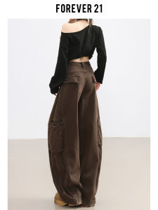 Forever 21 Retro Coffee Color Wide Leg Workwear Jeans High Waist Design Spring Autumn Womens Fashion Casual Straight Cut Trousers