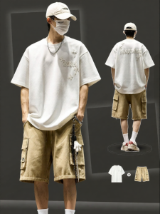 SZON | Cross Embroidery Big Pocket Work Shorts Leisure 2-Piece Set