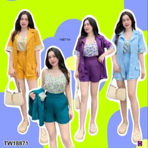 เสื้อปกสูทแขนศอก 3 ชิ้น + สายเดียวลายดอกไม้ + กางเกงขาสั้น