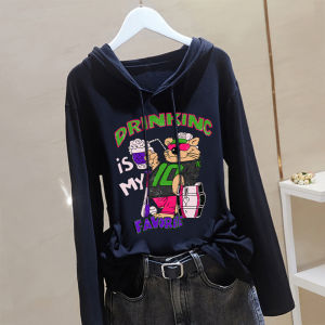 เสื้อยืดคอกลมแขนยาวผ้าฝ้ายแท้สำหรับผู้หญิง ฤดูใบไม้ผลิและฤดูใบไม้ร่วง สไตล์ใหม่ สีขาว ทรงหลวม ไซส์ใหญ่ เสื้อตัวบนพิมพ์ลาย