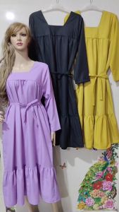 RED 2104 Viliana Maxi Dress/Dress Tunik Kerah Persegi/Dress Polos Lengan Panjang(Dapat Tali Belt)