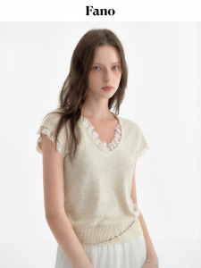 Fano | French Style Lace Splicing Knit Top 2026 New Summer V Neck