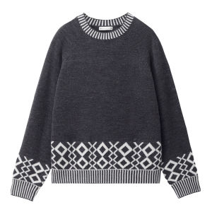 Modern Style Designer Giordano Womens Loose Knitted Sweater round Neck Diamond Pattern Color Block Soft Comfortable Long Sleeve