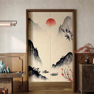 New Chinese Style Watercolor Mountain Landscape Door Curtain Privacy Shield Bathroom Toilet Blocking Curtain No Drilling Needed