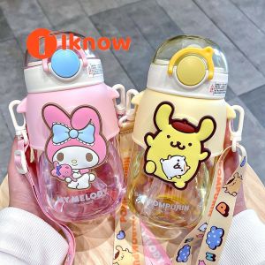 I know Large Capacity Kids Portable Plastic Water Bottle with Strap - Cute Cartoon Design Sippy Cup for Outdoor Use School and Travel
