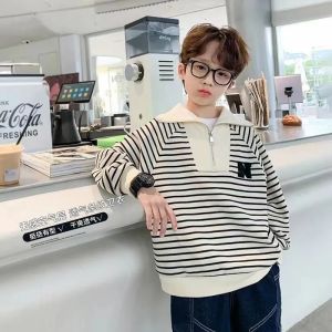 Children King Hoodie for Kids Boy Cotton Stripe Polo Zipper Tops Sweater Long Sleeve Sports Casual Teenage Baby Boys Girls Clothes Sweatshirt Korean Style Black White Fashion School Jersey 12 14 Years baju sejuk budak