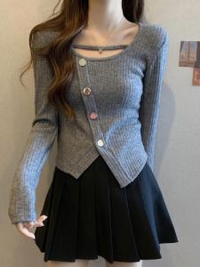 Plus Size Fall and Winter Square Collar Asymmetrical Split Long Sleeve Knitwear Female Fat Sister Silm Slimming and Short Inner Wear Blouse