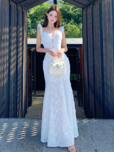 CHANGTONG | French Style Beautiful Unique Slim Fit Long Dress Strapless Bodycon Summer Elegant Hollow Out Shoulder Baring Waist Cinched