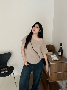 NINI ONE Lazy Fat Middle Sleeve Knitted Shirt Slant Shoulder Meat Covering Slimming Loose Fit Ladies T-shirt Knitwear