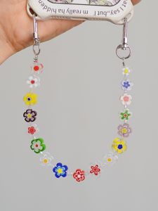 Double Buckle Phone Chain Thousand Flower Rock Crystal Pendant Womens Anti-Loss Unique Design Wrist Hanging Decoration